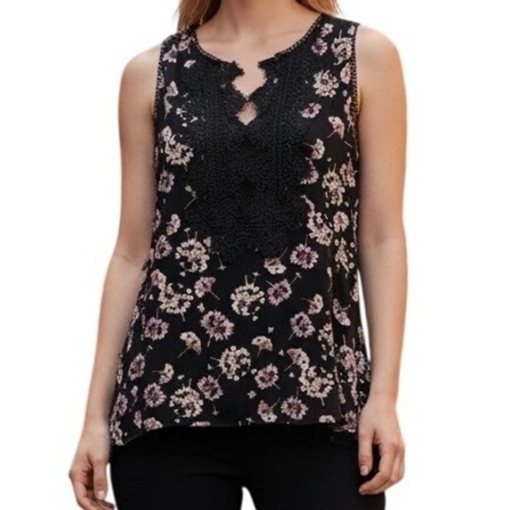 WHITE HOUSE BLACK MARKET Black‎ Floral Lace Trim Sleeveless Blouse EUC Size XSP